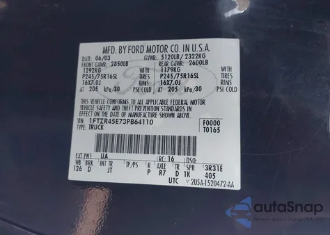 2003 Ford Ranger Edge/Xlt from USA, damaged, VIN 1FTZR45E73PB64110